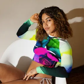 Youthful & Sustainable: Vibrant Rose Print Long-Sleeve Crop Top in Recycled Fabric