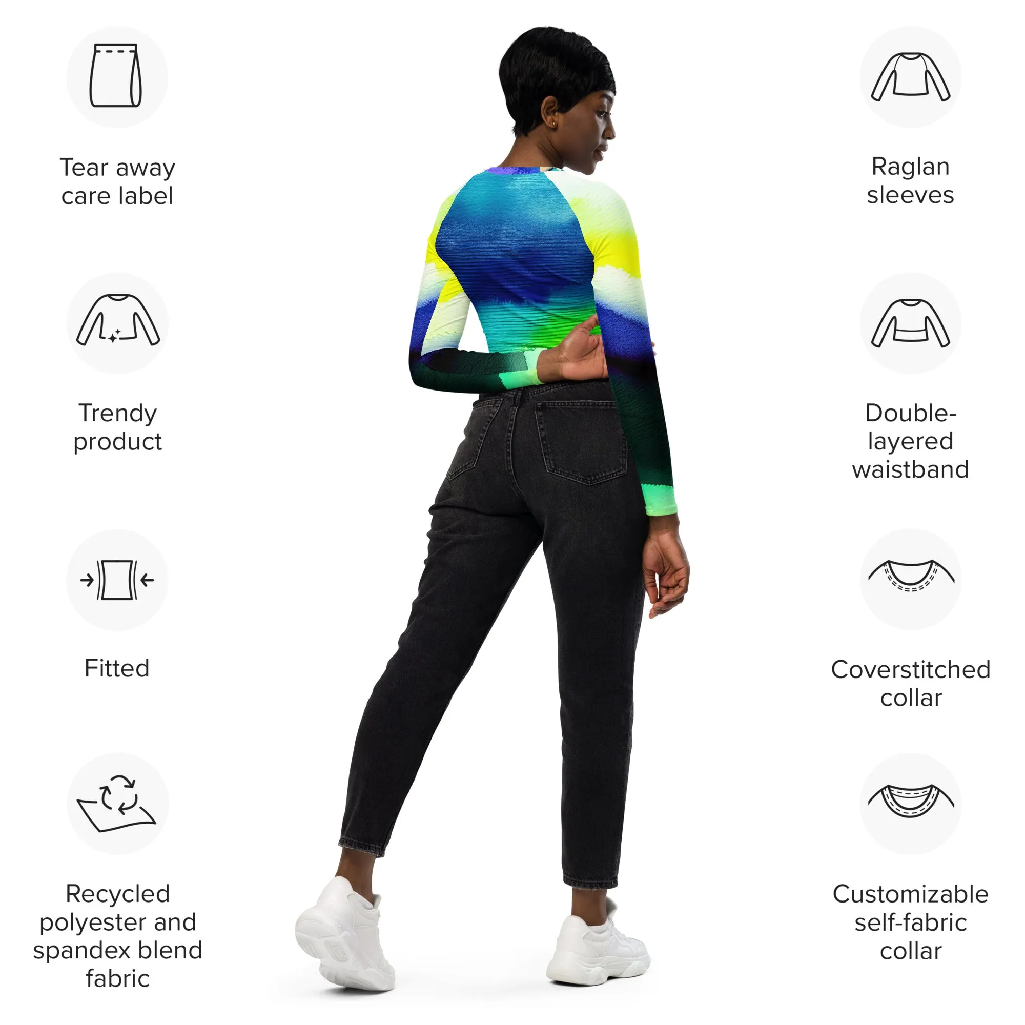 Youthful & Sustainable: Vibrant Rose Print Long-Sleeve Crop Top in Recycled Fabric