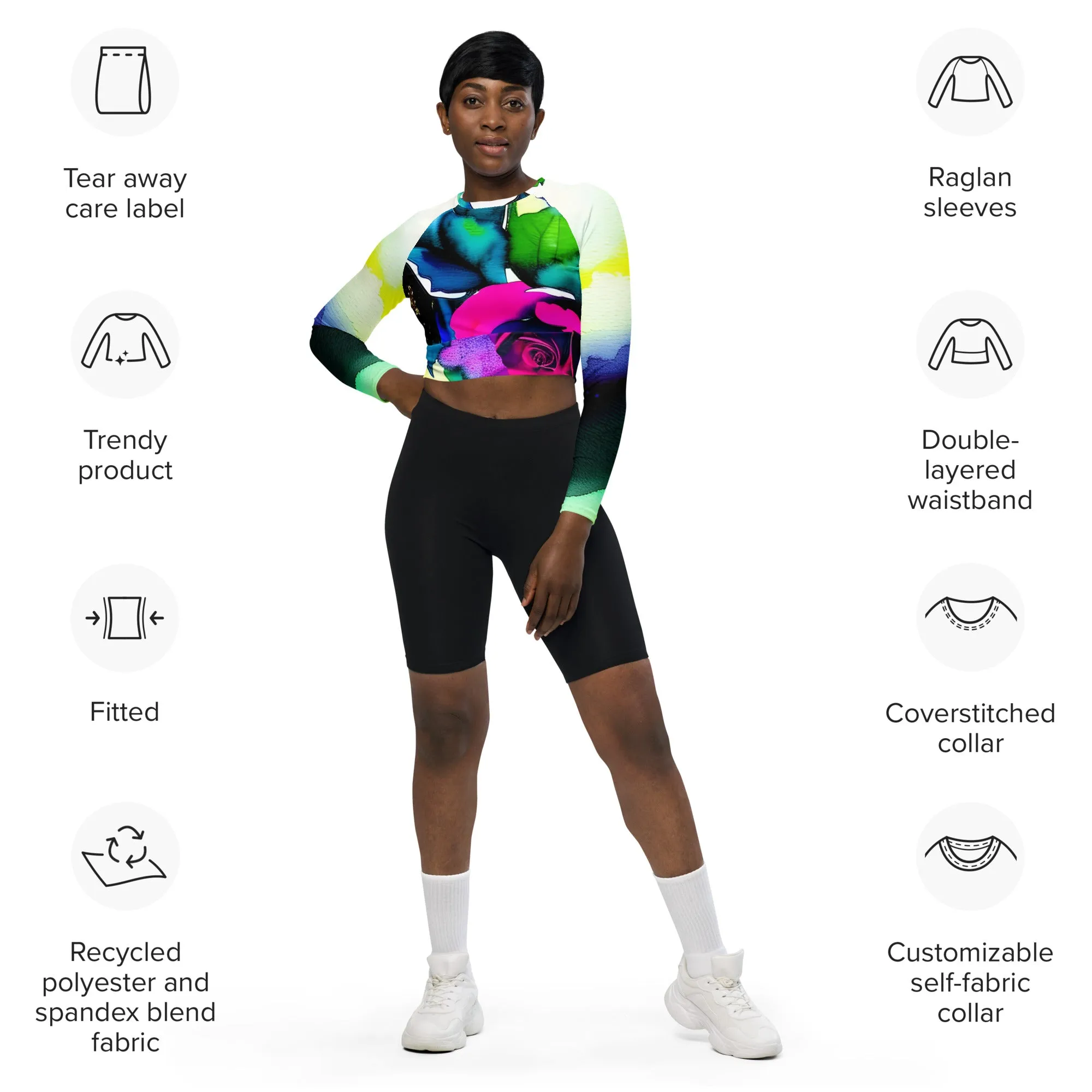 Youthful & Sustainable: Vibrant Rose Print Long-Sleeve Crop Top in Recycled Fabric