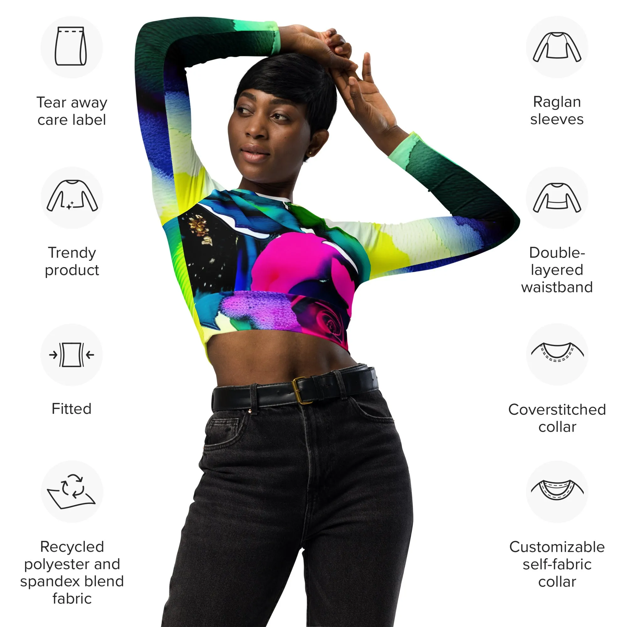 Youthful & Sustainable: Vibrant Rose Print Long-Sleeve Crop Top in Recycled Fabric