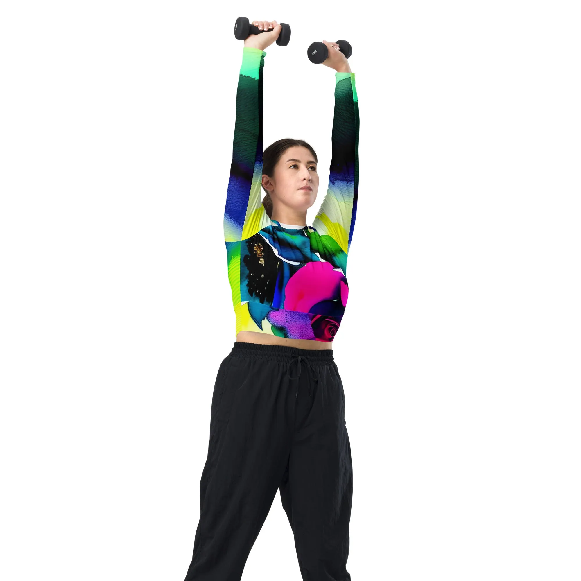 Youthful & Sustainable: Vibrant Rose Print Long-Sleeve Crop Top in Recycled Fabric