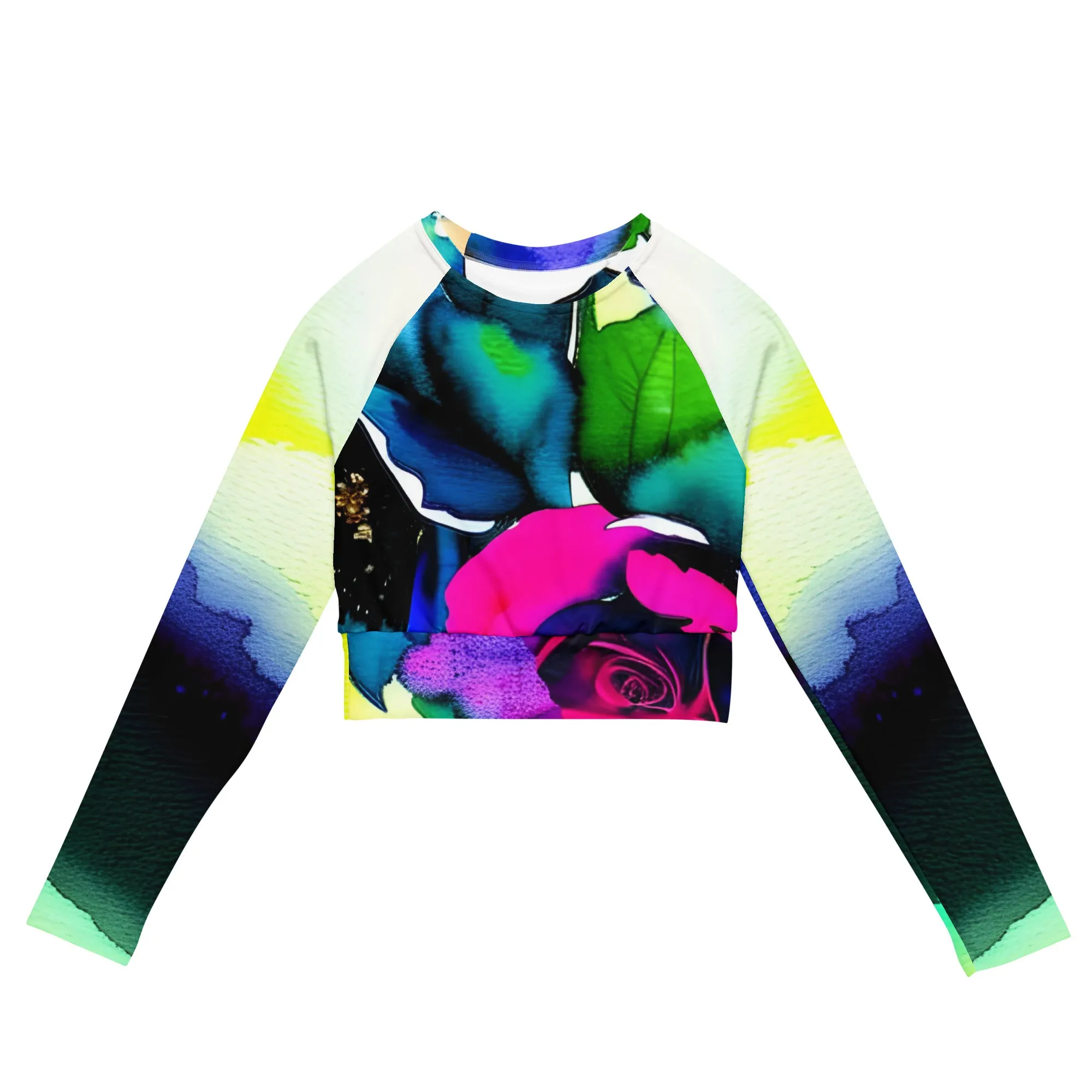 Youthful & Sustainable: Vibrant Rose Print Long-Sleeve Crop Top in Recycled Fabric